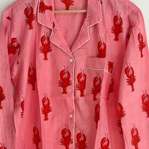 BRAND NEW Hand Block Printed Cotton Pajama Set: Pink Lobster Sleepwear - Picture 2 of 9